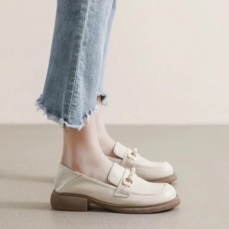 Low Heel Elegant Loafers Ladies Pumps Round Toe Women's Shoes Pearl Stylish on Sale Summer 2025 Spring Slip Luxury Brand Dress