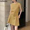 VONDA Women Elegant Round Neck Sleeveless Solid Casual Pleated Dress No Belt