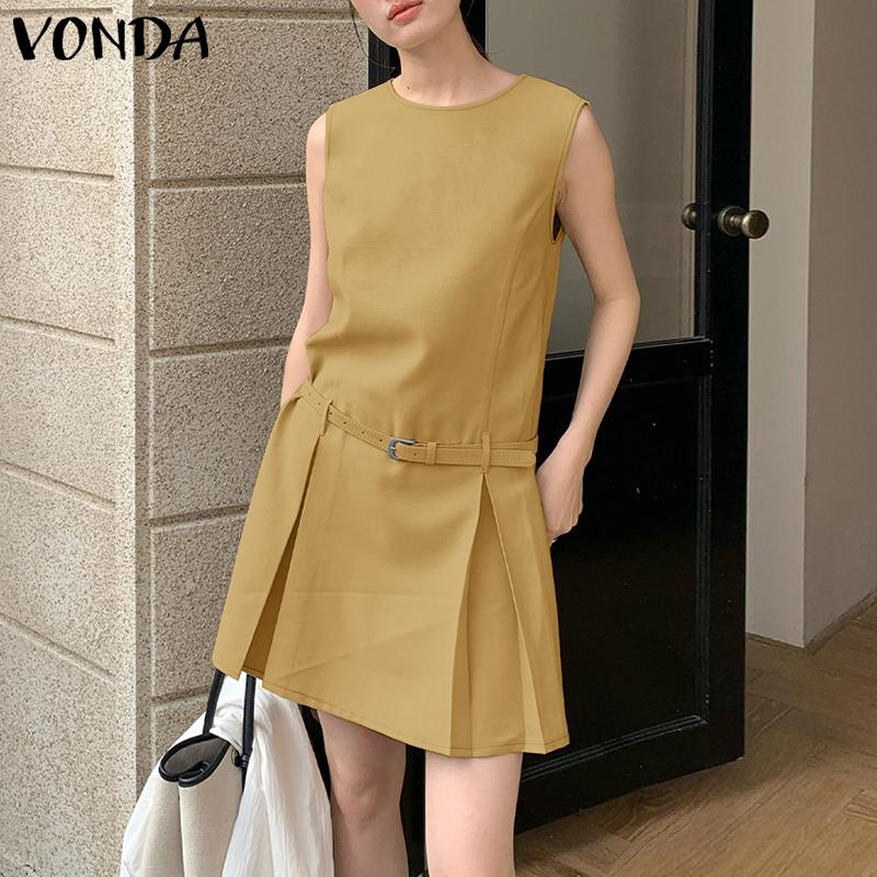 VONDA Women Elegant Round Neck Sleeveless Solid Casual Pleated Dress No Belt