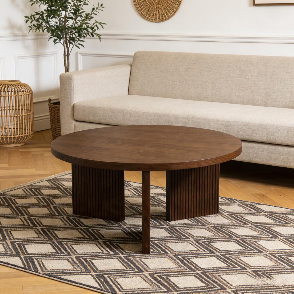 Modern Round Coffee Table Set with Grooved Structure Side Table Coffee Table - Elegance & Functionality for Living Room and Office (2 Pieces)