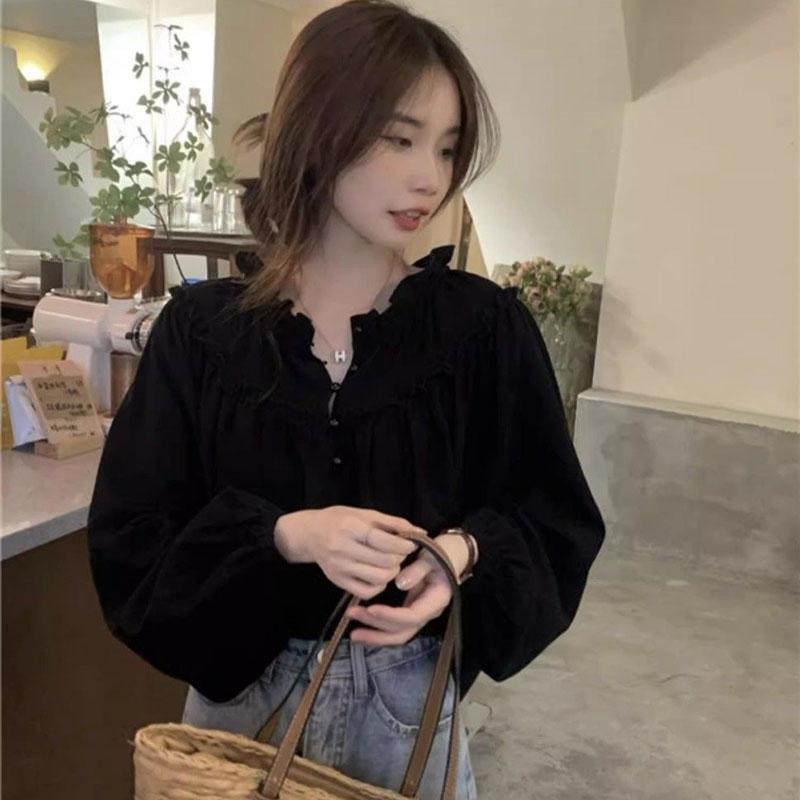 French Style Retro Puff Sleeve Blouse Women Korean Fashion Spliced Ruffles Shirt Ladies Elegant Chic Design Shirts