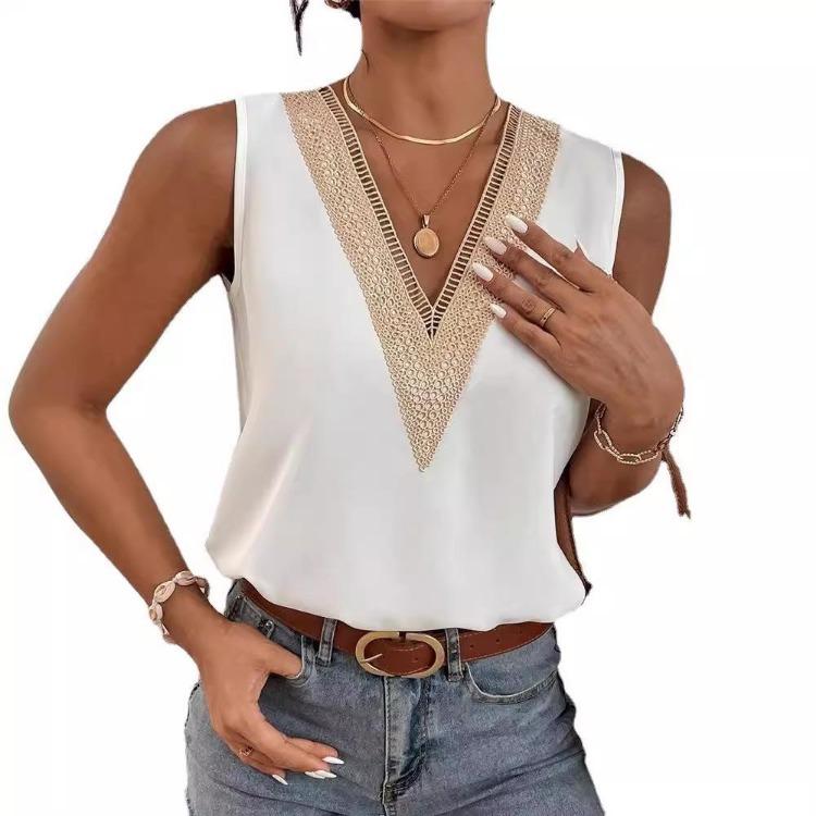 

Женская летняя 2024 новая простая рубашка без рукавов с V-образным вырезом и кружевной отделкой XXL бежевый