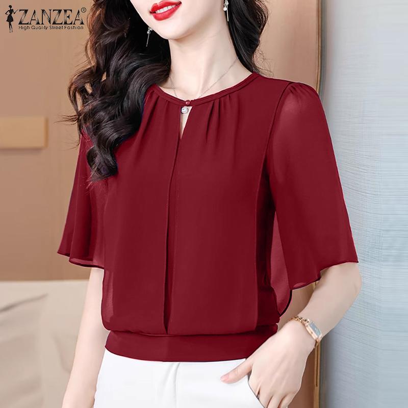 ZANZEA Women Summer Chiffon Splice Half Sleeve Loose Summer Blouse