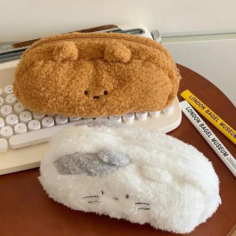 Kawaii Milk Cat Plush Pouch Pencil Case Cute Zipper Fluffy Large Capacity Pencil Bag School Stationery Storage Bag Supplies