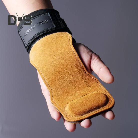 1 Pair Weight Lifting Wrist Strap Double Layer Cowhide Weightlifting Gym Gloves with Palm Pad Elastic Deadlifting Grip