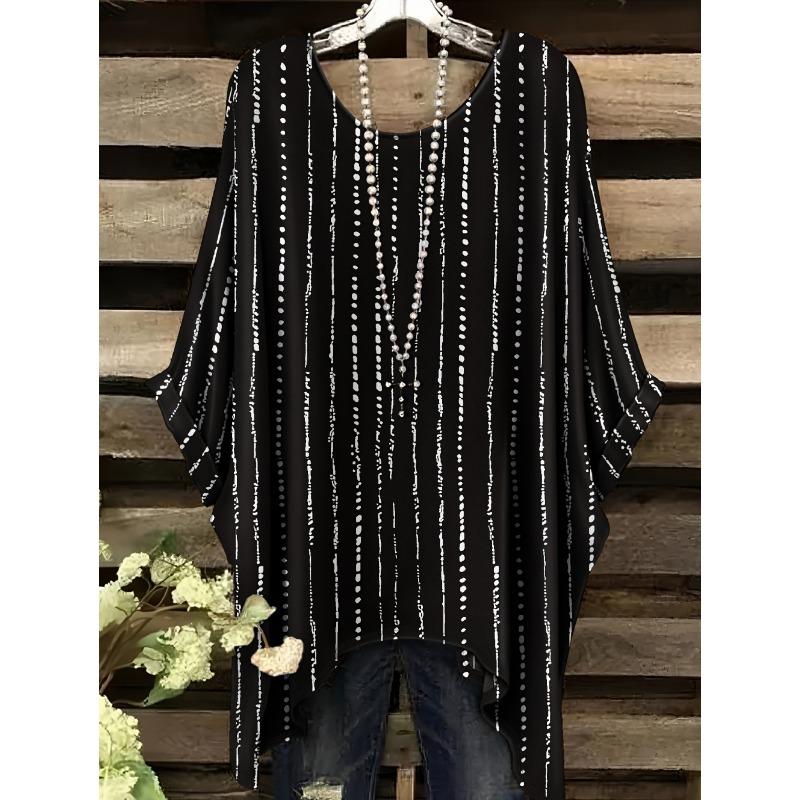 

Women s Striped Checkered 3D Printed T-Shirt Summer New Round Neck Casual Fashion Women s Loose Asymmetrical Hem Street Tops 5XL
