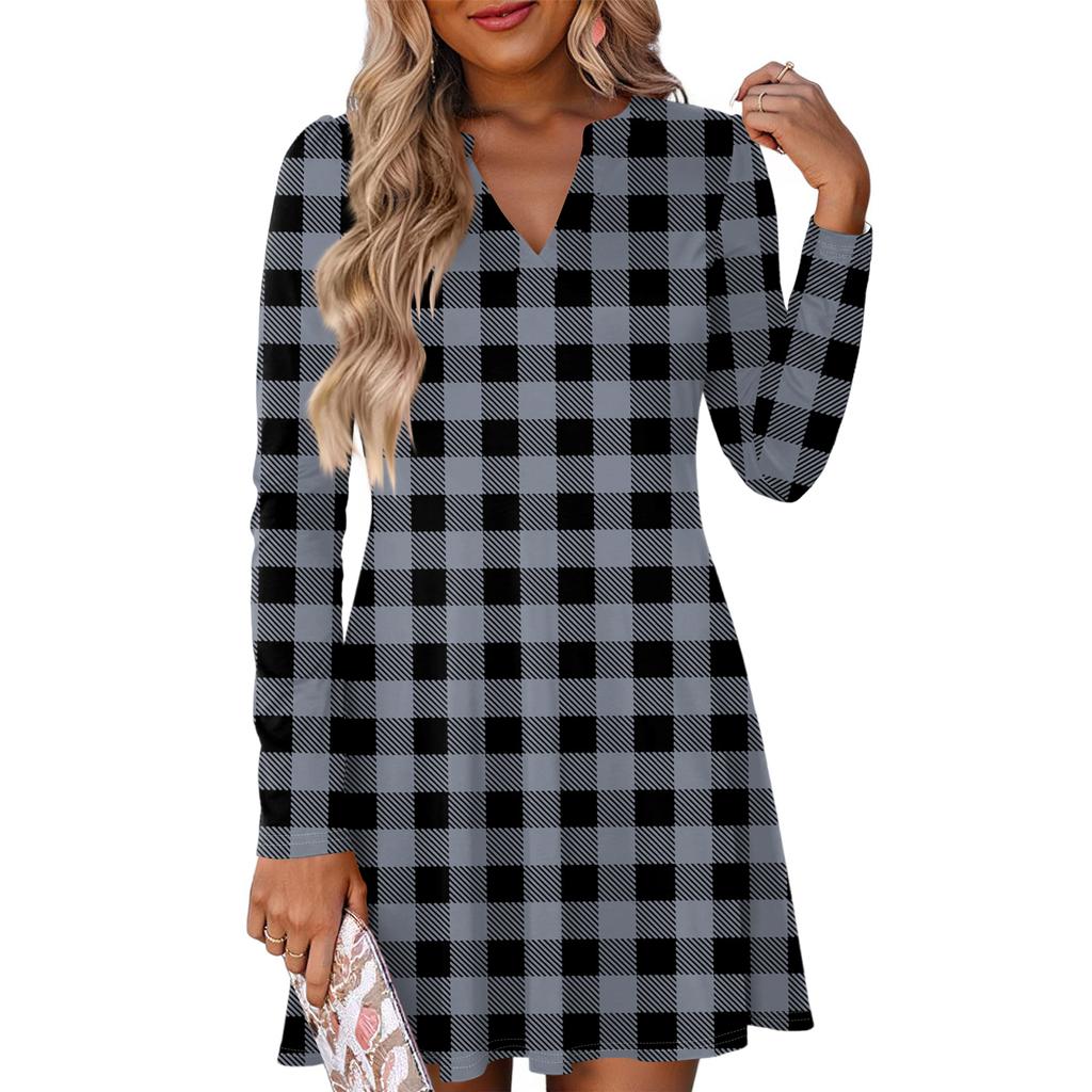 Women's Fashion Plaid V-Neck Long Sleeve Dress