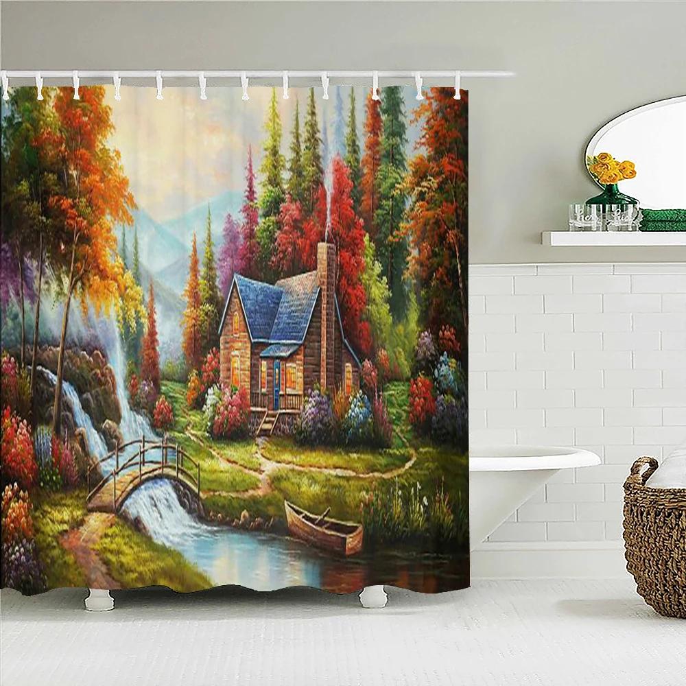 Fairy Tale Dream Forest Garden Shower Curtain Waterproof Fabric Bathroom Curtains Oil Painting Landscape Bath Screens With Hooks