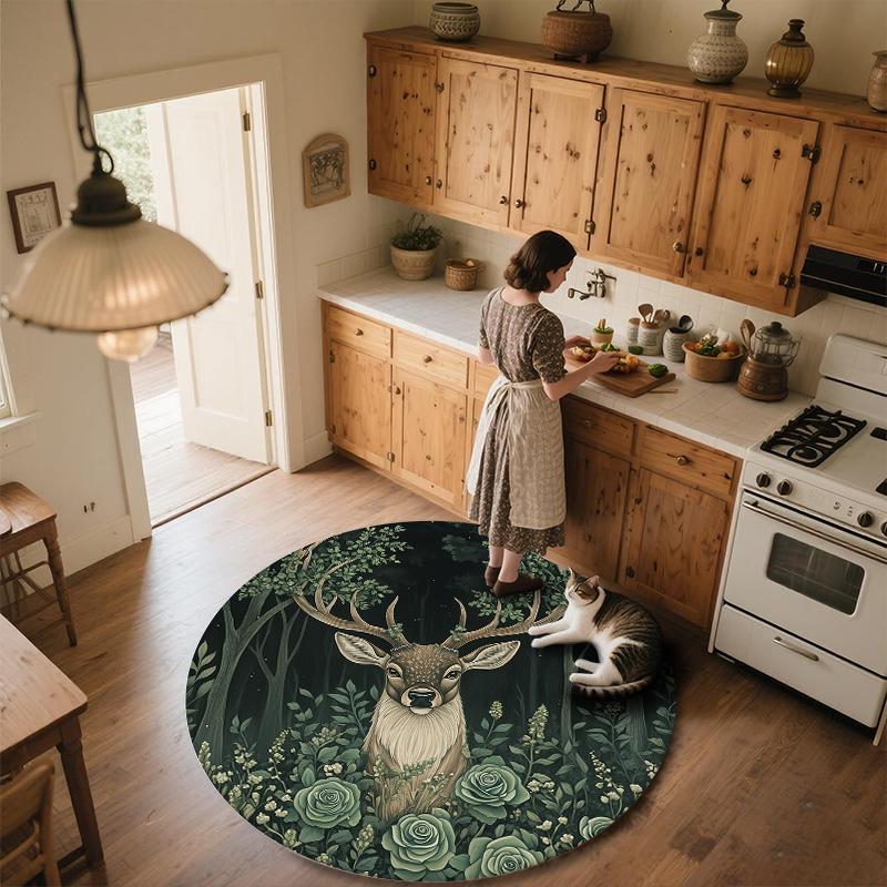 Forest Deer,Round Area Rug,Carpet Rug for Living Room Bedroom Sofa Playroom Decor,Non-slip Floor Mat