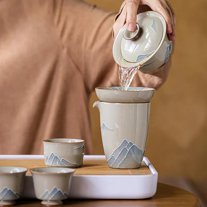 9 Pcs/set Chinese Ceramic Tea Sets Hand-painted Landscape Gaiwan Teapot Household Kettle Teacups Handmade Teaware Drinkware