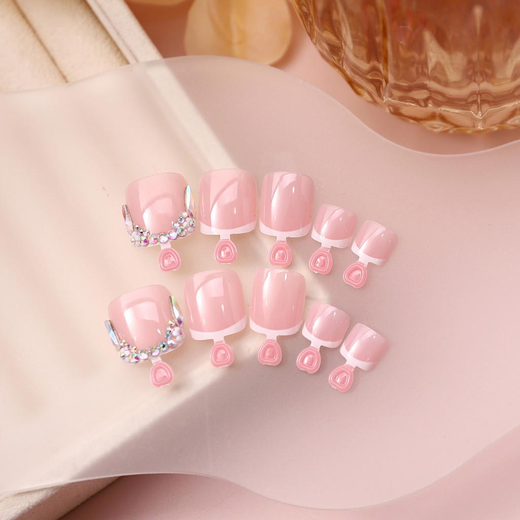ElegantShort Square Press On Toenails Glitters Rhinestones Decoration Set Full Cover Acrylic False Toenails for Women