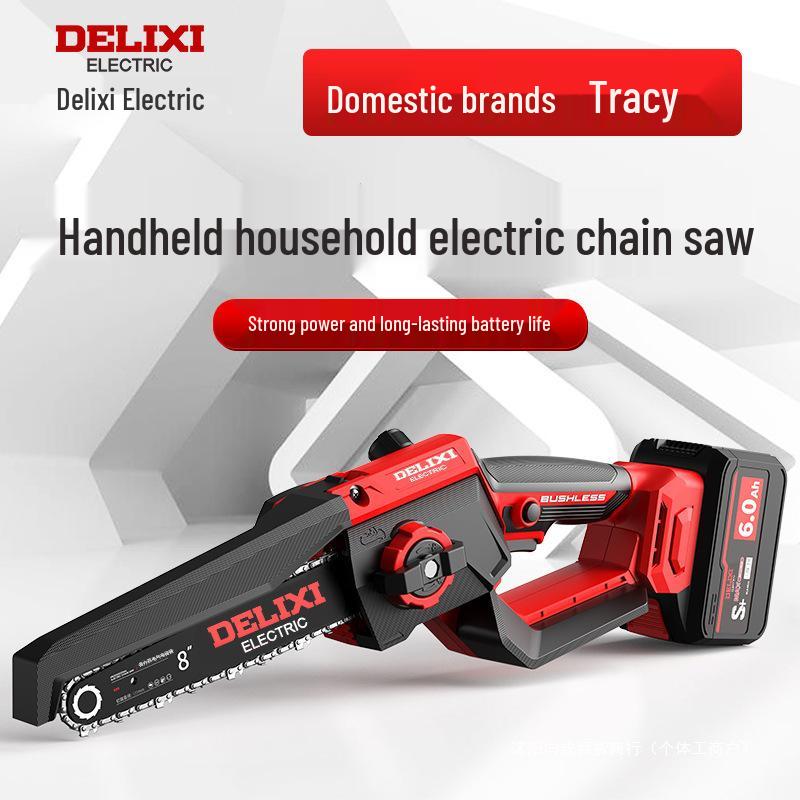 Delixi Cordless Brushless Electric Chainsaw: High-Power, Handheld Lithium Battery Saw for Home Tree Cutting.