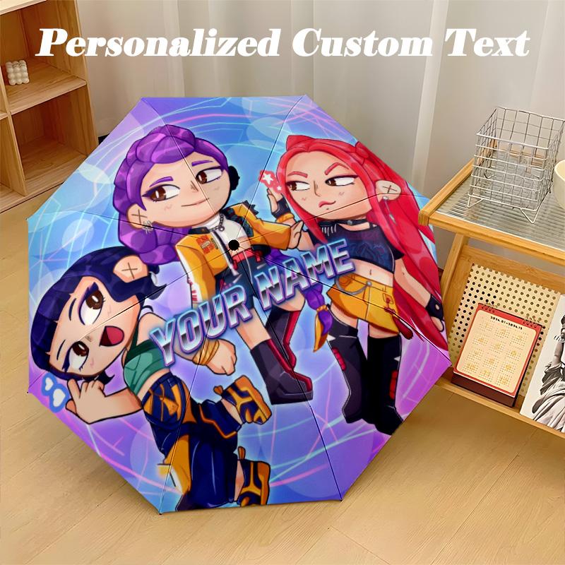 8 Rib Auto Folding Umbrella Kpop Demon Hunters Print Custom Name Text Portable Rain Gear