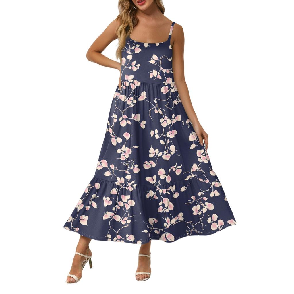 Women's Long Beach Casual Elegant Spaghetti Strap Maxi Dress Stitching Low-key Flowing Bohemian Dress
