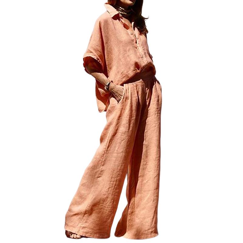 Damen Mode Locker Baumwolle Leinen Revers Zweiteiliges Set - Frühjahr/Sommer 2024 Kollektion