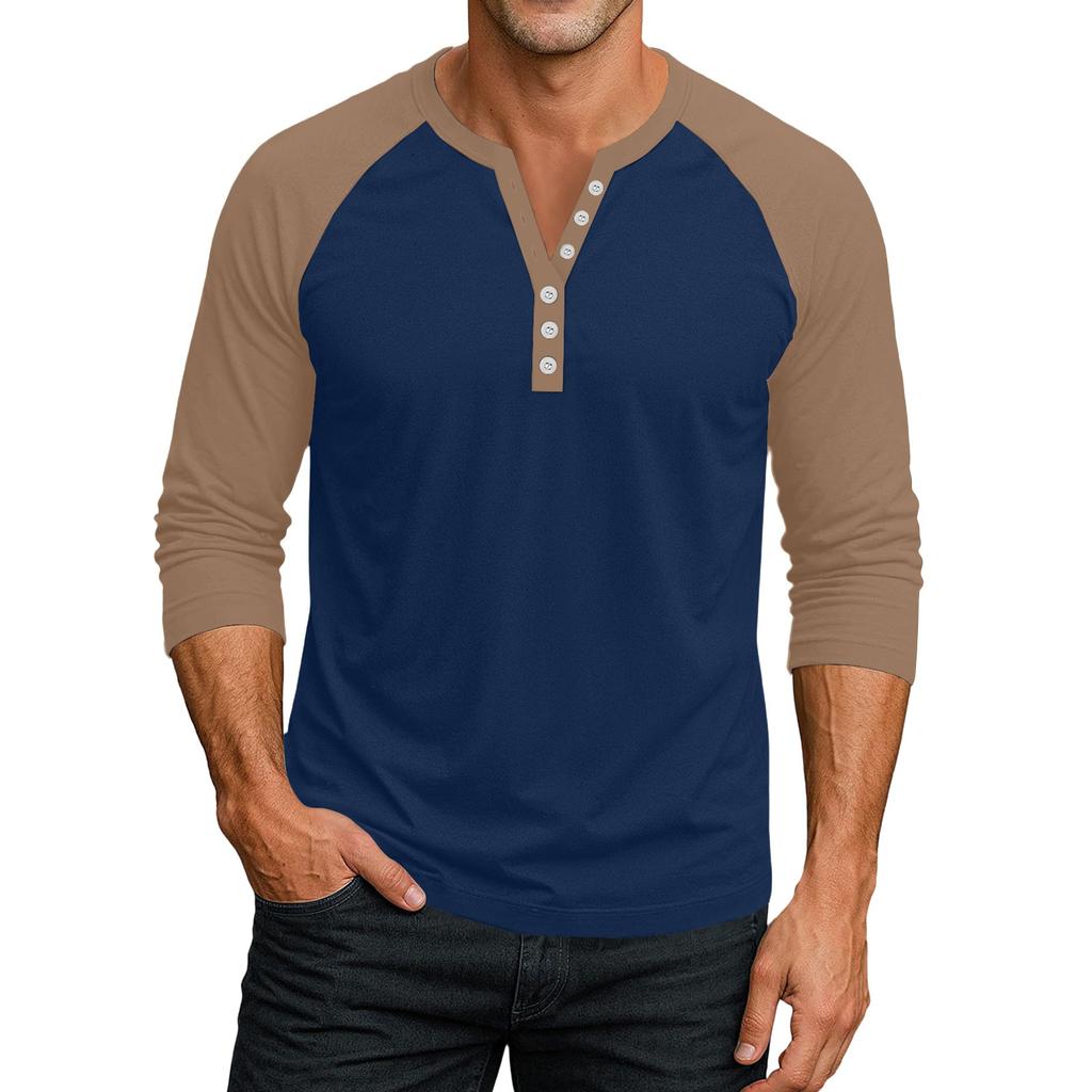 Men's Button-Down Contrast Raglan 3/4 Sleeve Top