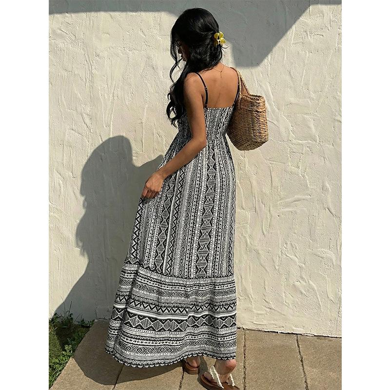 Geometric Print Halter Top Dress - Summer New Style Halter Top Dress - High-waisted Vacation Length Dress
