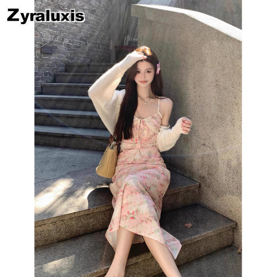 French Light Pink Floral Ruffled Dress for Women New Vacation Style Elegant Long Dress S