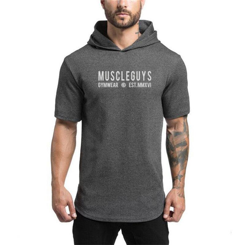 Muscleguys Neues Sommer Fitness Kapuzen-T-Shirt Herren Streetwear Schlichtes Bodybuilding Kurzarm T-Shirt T-Shirt Fitnessstudios T-Shirt