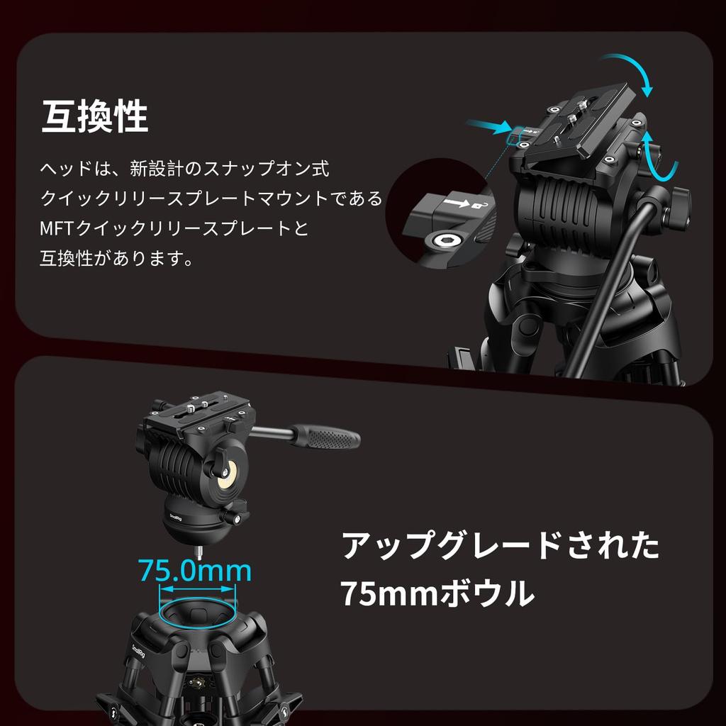 SmallRig FSD14 FreeSpeed Aluminum Alloy Video 187cm Camera Tripod with Manfrotto Fluid Quick 75mm Ball Maximum Load Capacity of Approximately