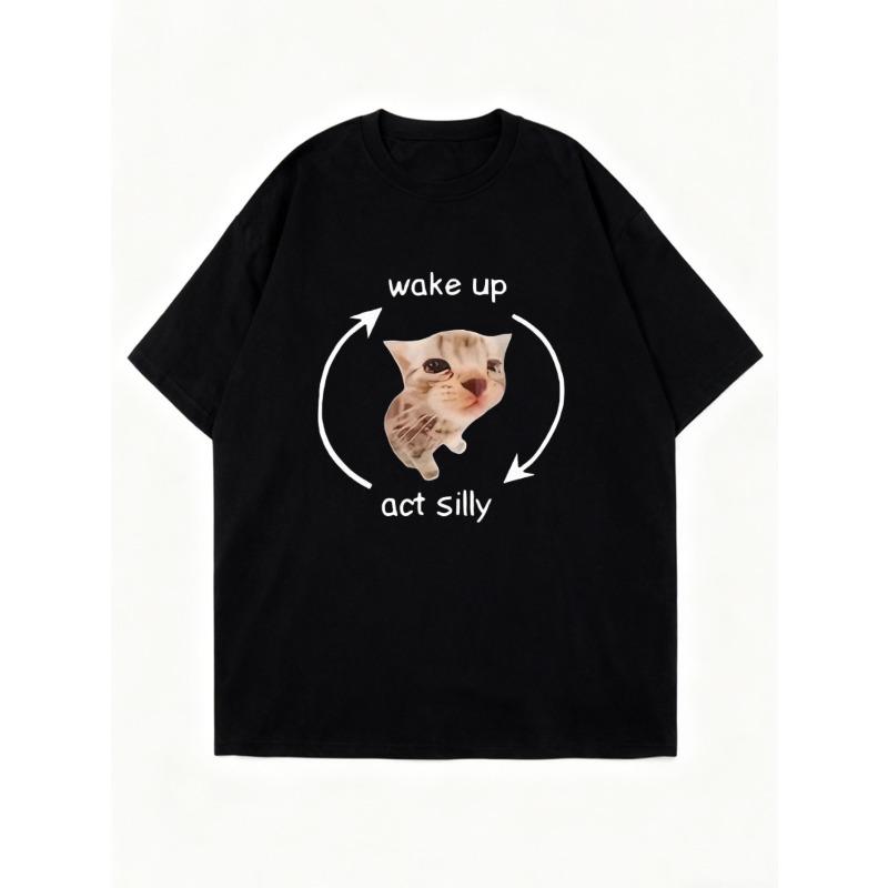 Oversized T-Shirt Black Cat Print Wake Up Act Silly Graphic Tee Casual Everyday Wear