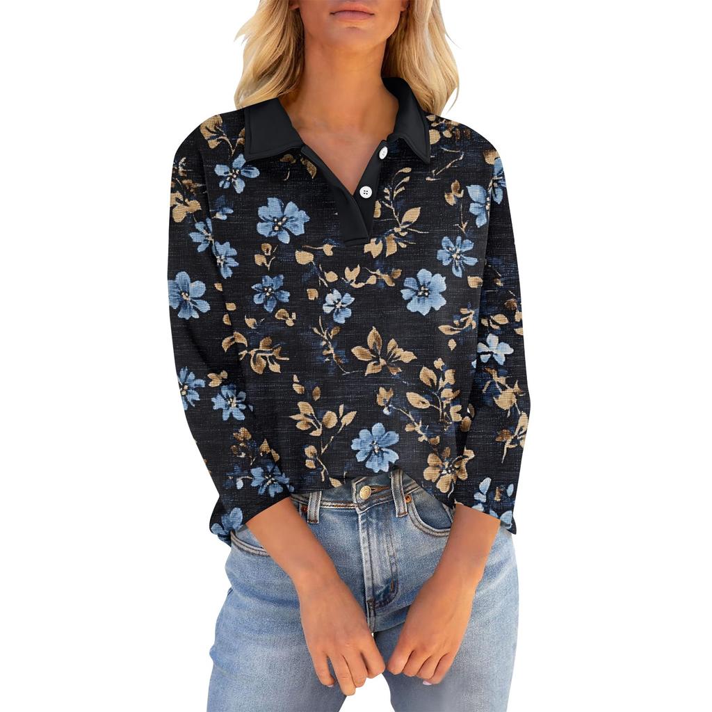 T-skjorter med 3/4-ermer for kvinner Sommerskjorter med V-hals Button Down-skjorter med krage Uformelt trykt Loose Fit-overdeler