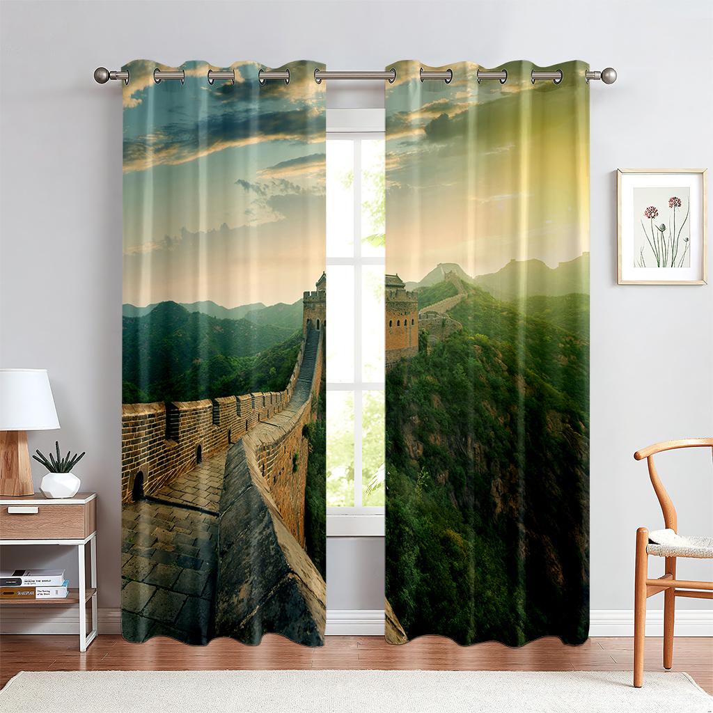Stadtgebäude 3D-gedruckte Vorhänge Straßenansicht Flussblick Schwarzweiß Handgemalt Industriestil Wohnzimmer Vorhänge 2 Stück