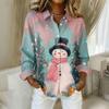 Women's Christmas Printed Button Up Long Sleeved Casual Regular Shirt With Collar Top