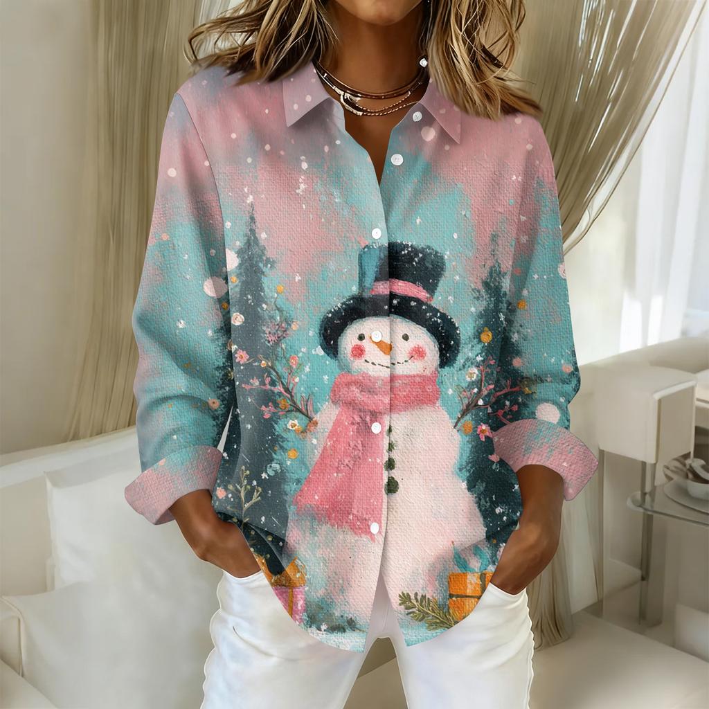 Women's Christmas Printed Button Up Long Sleeved Casual Regular Shirt With Collar Top