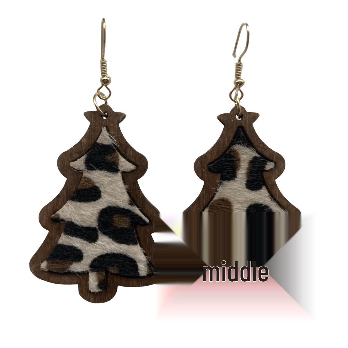 Leopard Print Christmas Tree Dangle Cross Earrings with Pumpkin Ornaments