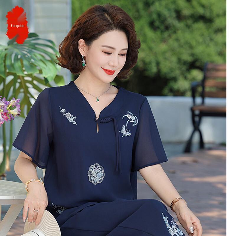 Women s Chinese Style Chiffon Summer T-Shirt Suit 5XL