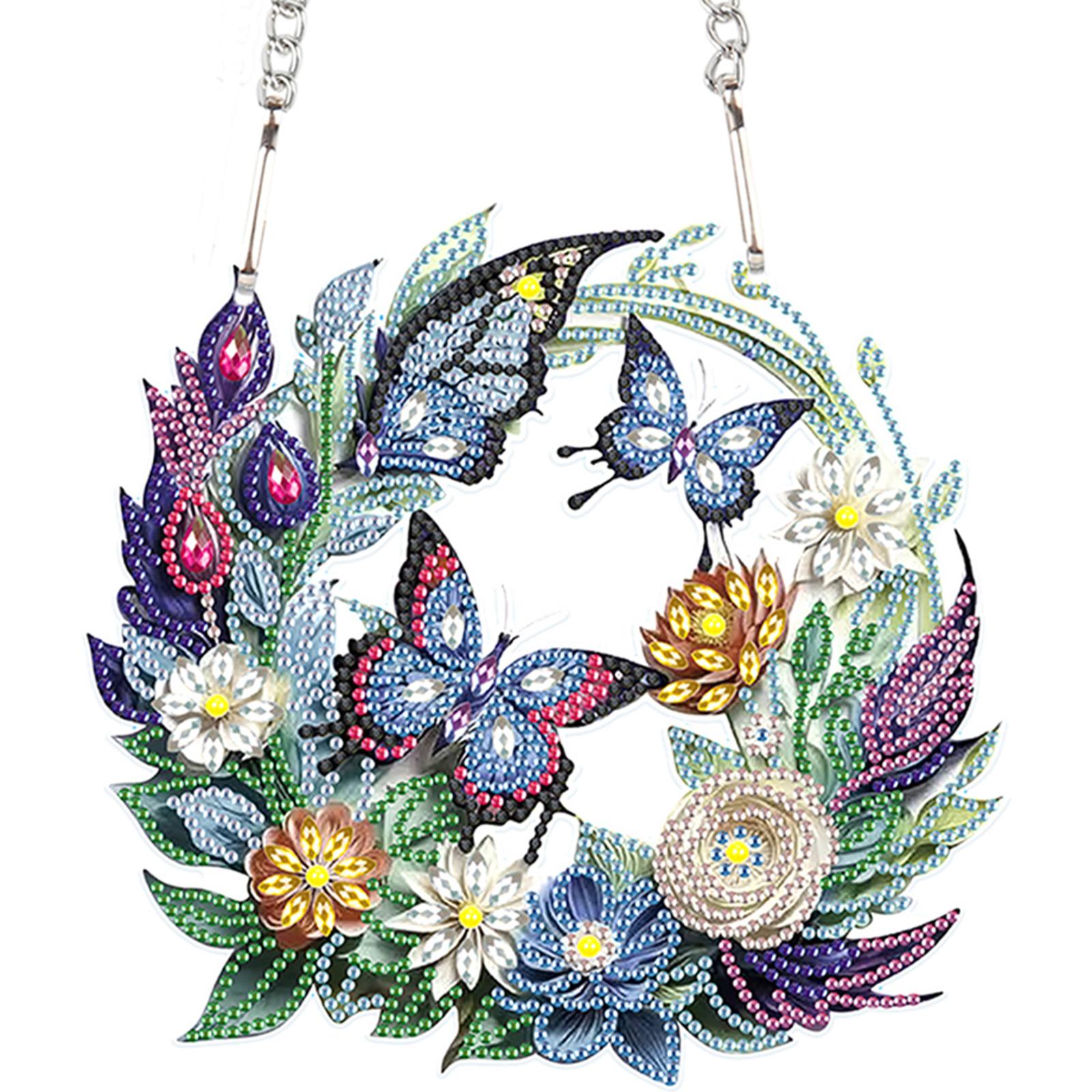 

2D Flat DIY Diamond Art Painting Kits Hanging Pendant Flower Wreath Crystal Diamond Art Ornament for Home Window Door Decor Gift