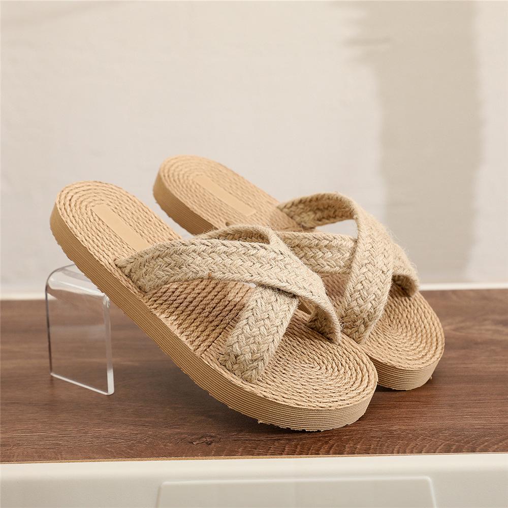 

Ethnic Style Women s Straw Woven Sandals with Hemp Sole - Korean Trend Outdoor Fashion Beach Flip-Flops, Flat Heel, Cross-Strap Design. 44 льняной