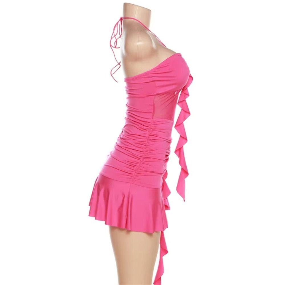 Sleeveless Ruffle Edge Lace Dress Slim Fit Halter Camisole Dress Women Halter Neck Dress  Travel