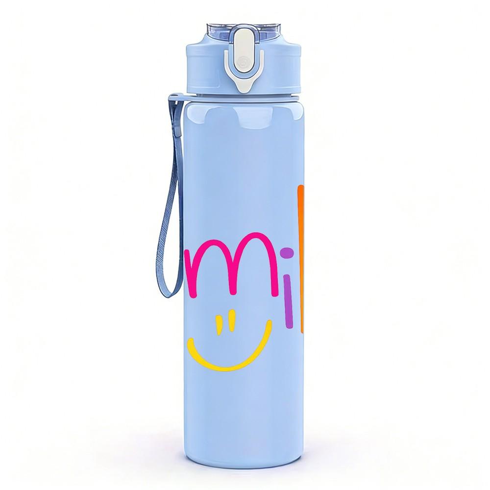 1PC Multicolor Smile Text Art Print 750ml Color Plastic Sports Water Bottle Leakproof Flip Straw Lid Suitable for Sports Office Home Use