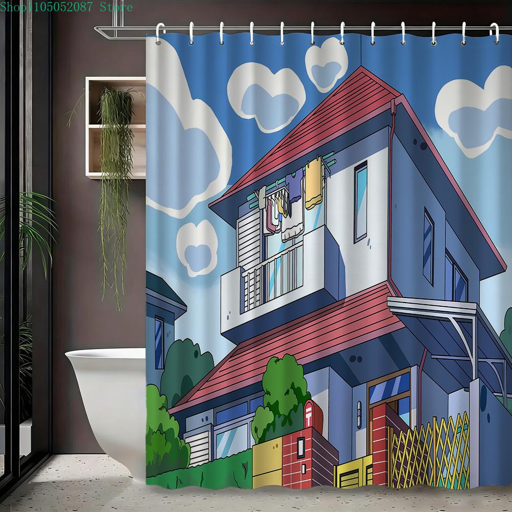 Crayon Shin-Chan & Friends With Shiro 2D Print Waterproof Shower Curtain, Green Anime Bathroom Decor With Hooks