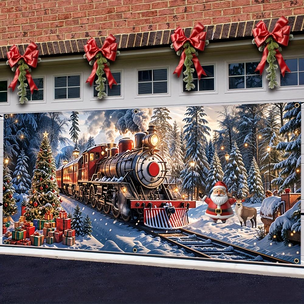 Durable polyester fiber Christmas garage banner - Snow train and tree design  suitable for winter and home decoration