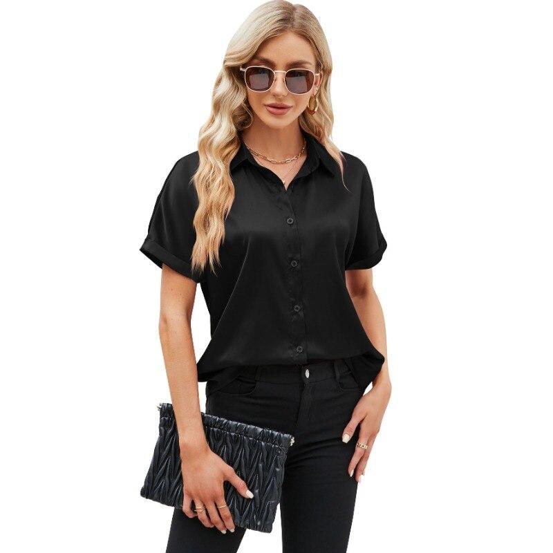 Sommer Kurzarm Satin Hemd Frauen Fashion Solid drehen-unten Kragen Bluse Elegante Beiläufige Lose Büro Damen Tops Blusas 28495