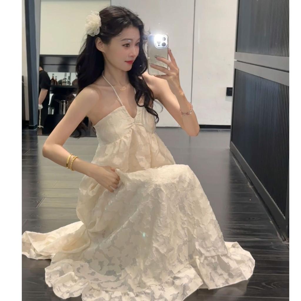 New French neck dress women's seaside photo shoot holiday halter dress super fairy loose a-word skirt