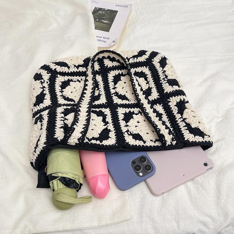 Crochet Square Patchwork Tote Bag Handwoven Contrast Color Flower Pattern Design Women Bohemian Style Beach Vacation Shoulderbag