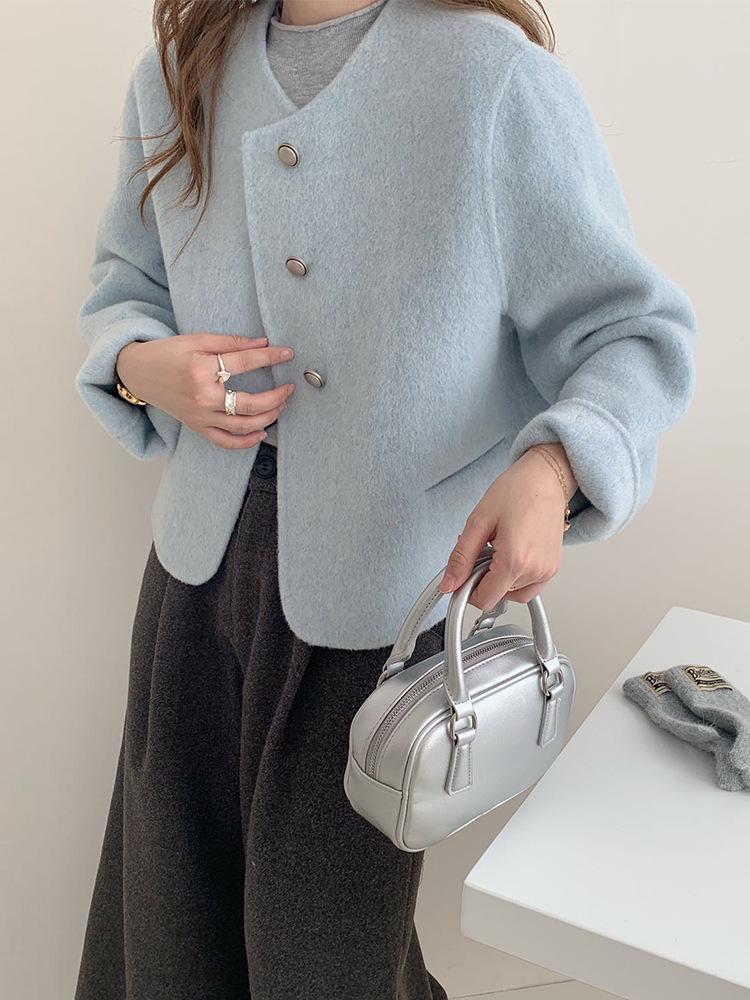 2025 Women's Elegant Korean Double-Sided Cashmere Coat, Round Neck Woolen Jacket, Versatile Short Design