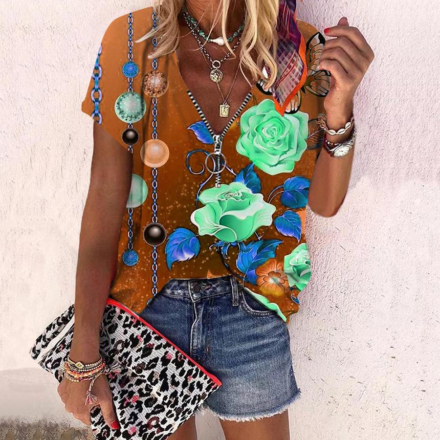 Top de mujer de verano nuevo de moda con estampado de flores rosas y flores brillantes, informal, con cremallera, cuello en V, manga corta