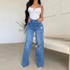 Women's High-Waist Ripped Raw Edge Wide-Leg Jeans - European & American Style, Comfortable, Long Length