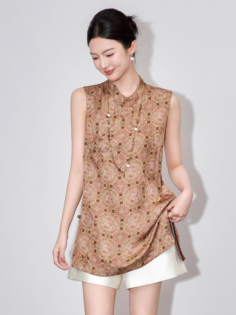 Xiangyunsha Sleeveless Cheongsam Vest - Women's Retro National Style Summer Top