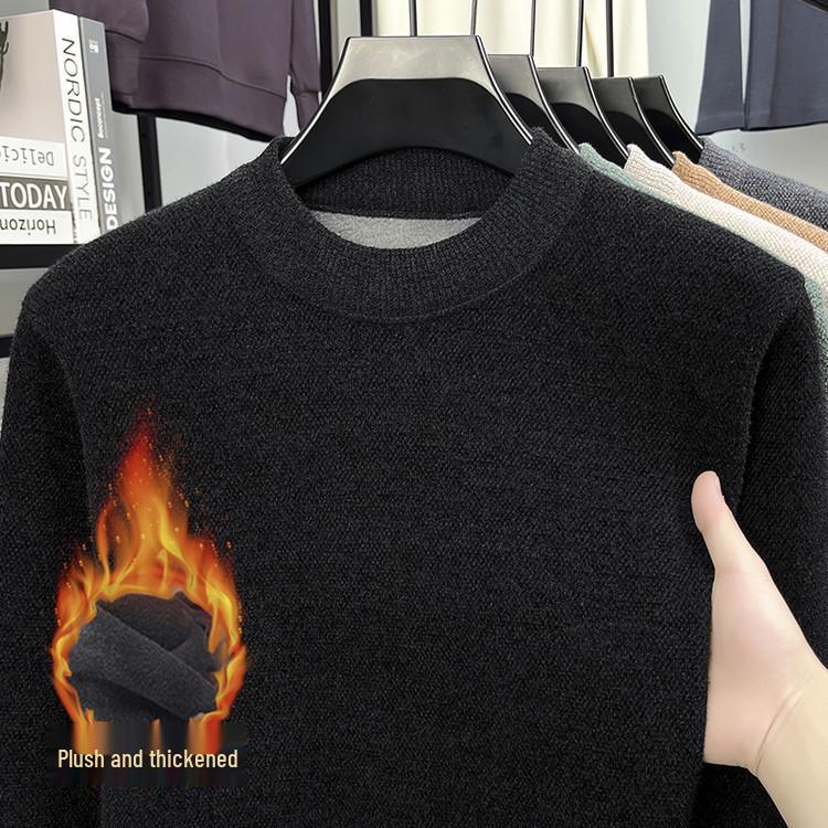 Herren Strickpullover mit Fleecefutter - Faux Nerz Kaschmir, Unifarben, Rundhalsausschnitt, Warme Herbst-/Winter-Herrenbekleidung