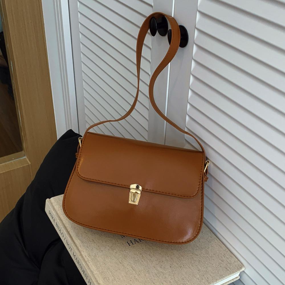 Solid Color Buckle Shoulder Bag Vintage Women's Armpit Bag Portable Retro Underarn Bag  Female