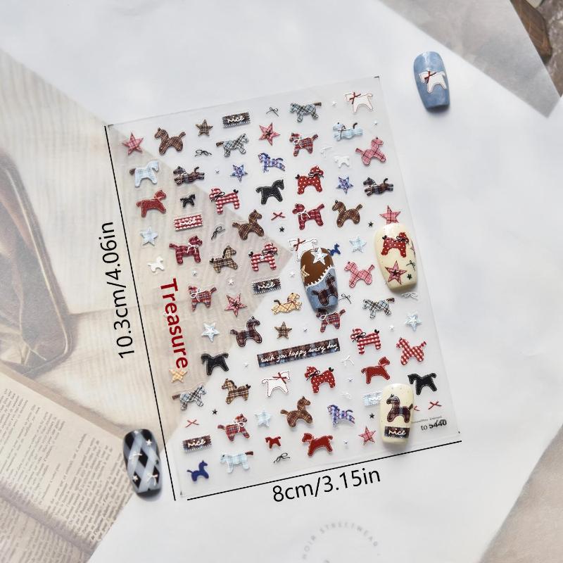 1Pc Cute Cartoon Pony Fireworks Embossed Nail Stickers Year of the Horse Relief Manicure Art Decoration Stick-on Nails
