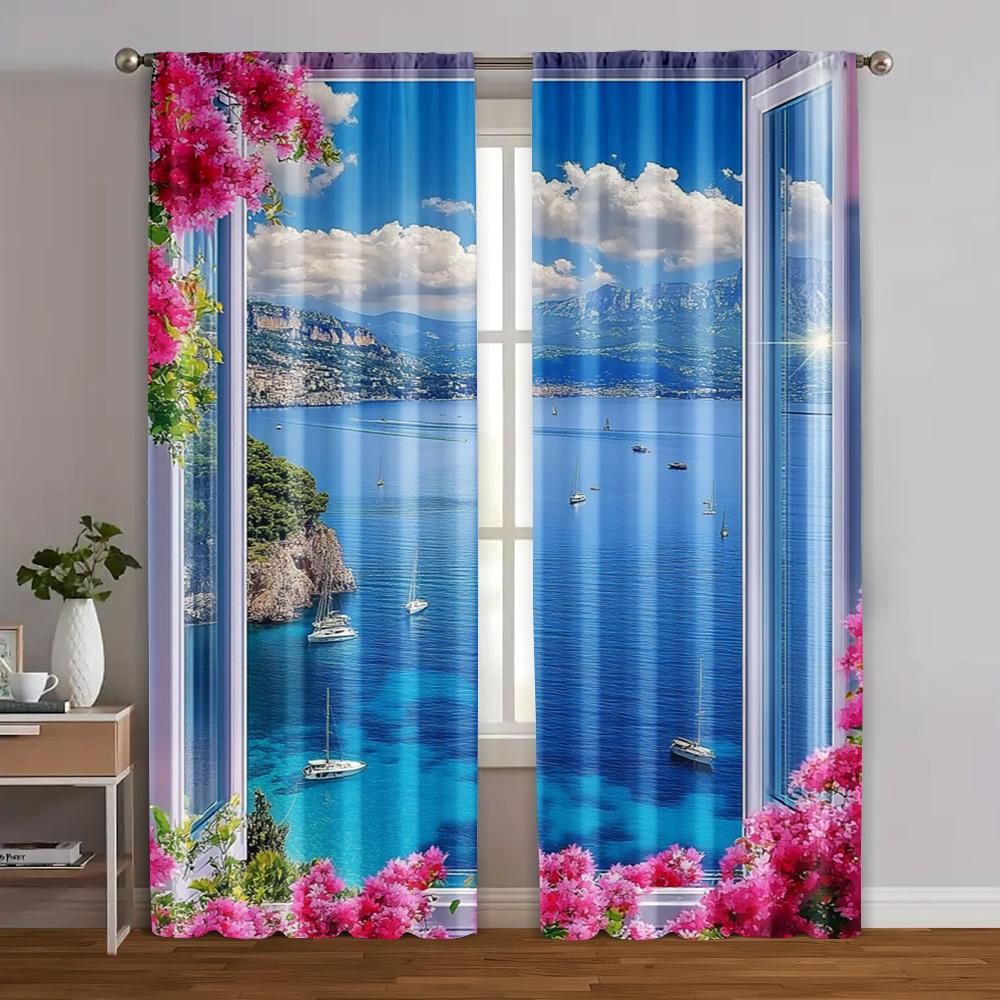 2pcs   Print Curtains Sea View Machine Washable Fabric (without Rod) Versatile All Perfect for Room   Kitchen   Study   Bedroom
