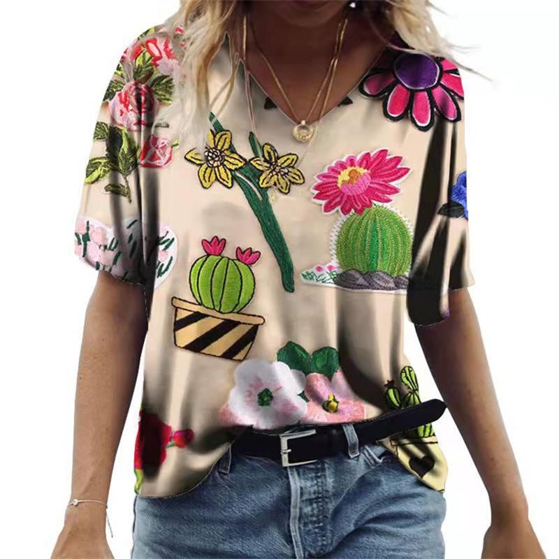 Damski T-shirt z krótkim rękawem i dekoltem V Luźny T-shirt Miejski Casual Nadruk 3D Damska Podstawa