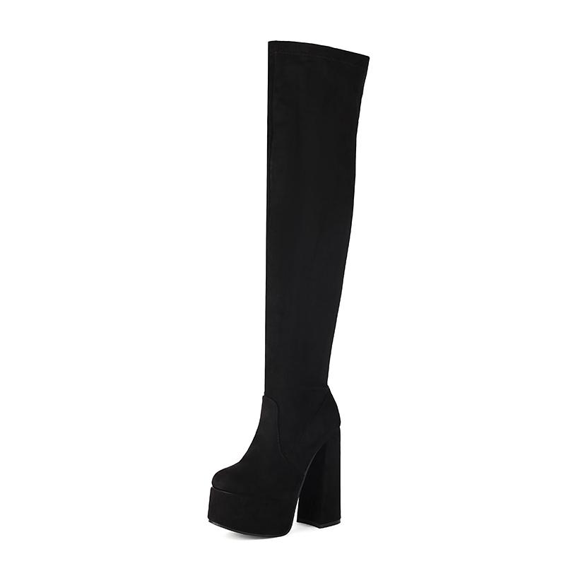 

Plus Size High Platform Ultra-High Hollow Thick Heel Autumn New Long Boots Side Zipper PU Or Flock Material Over The Knee Boots 35